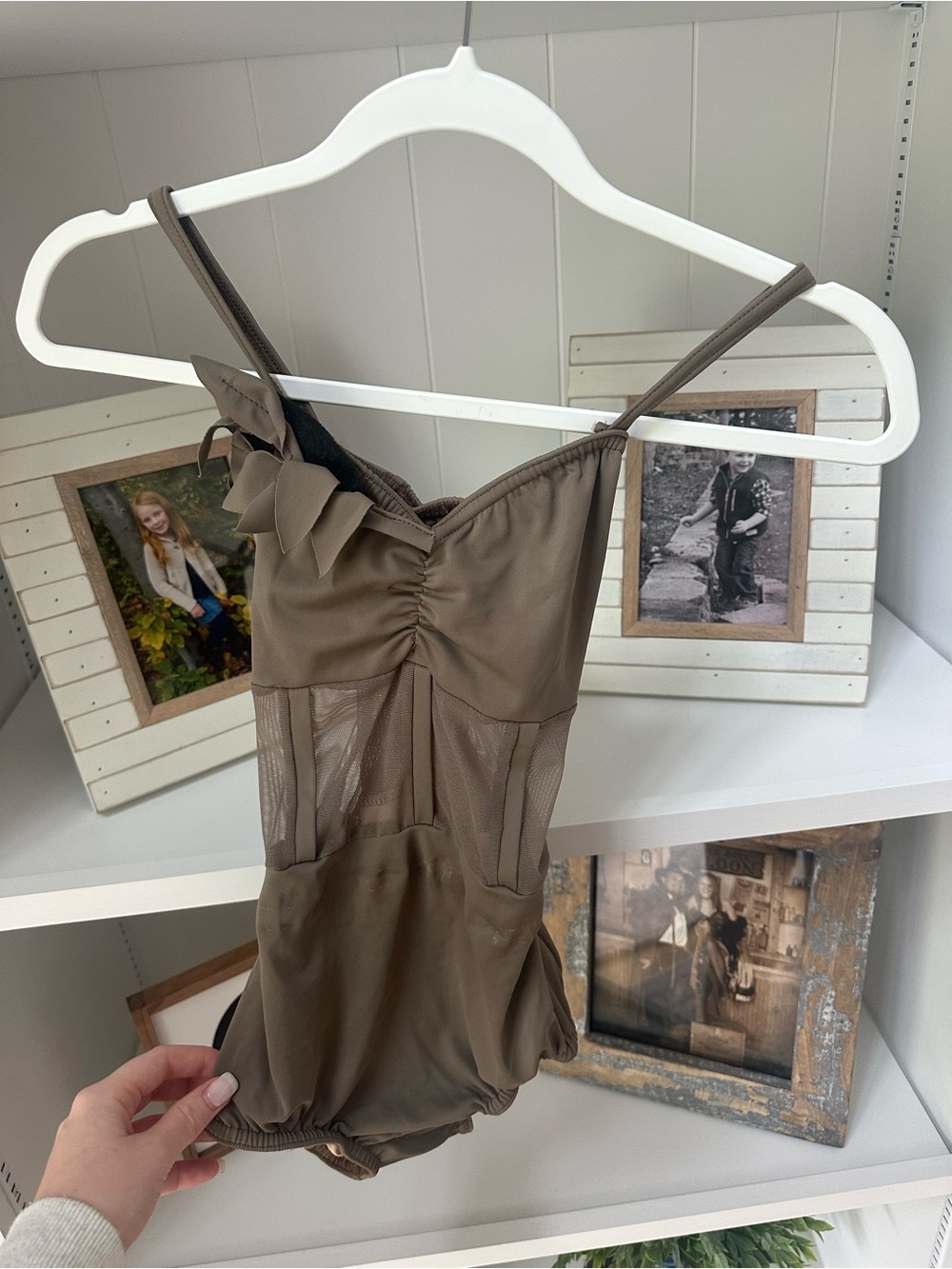 Small Adult Beige One-Piece Leotard and Skirt with Side Mesh Panels